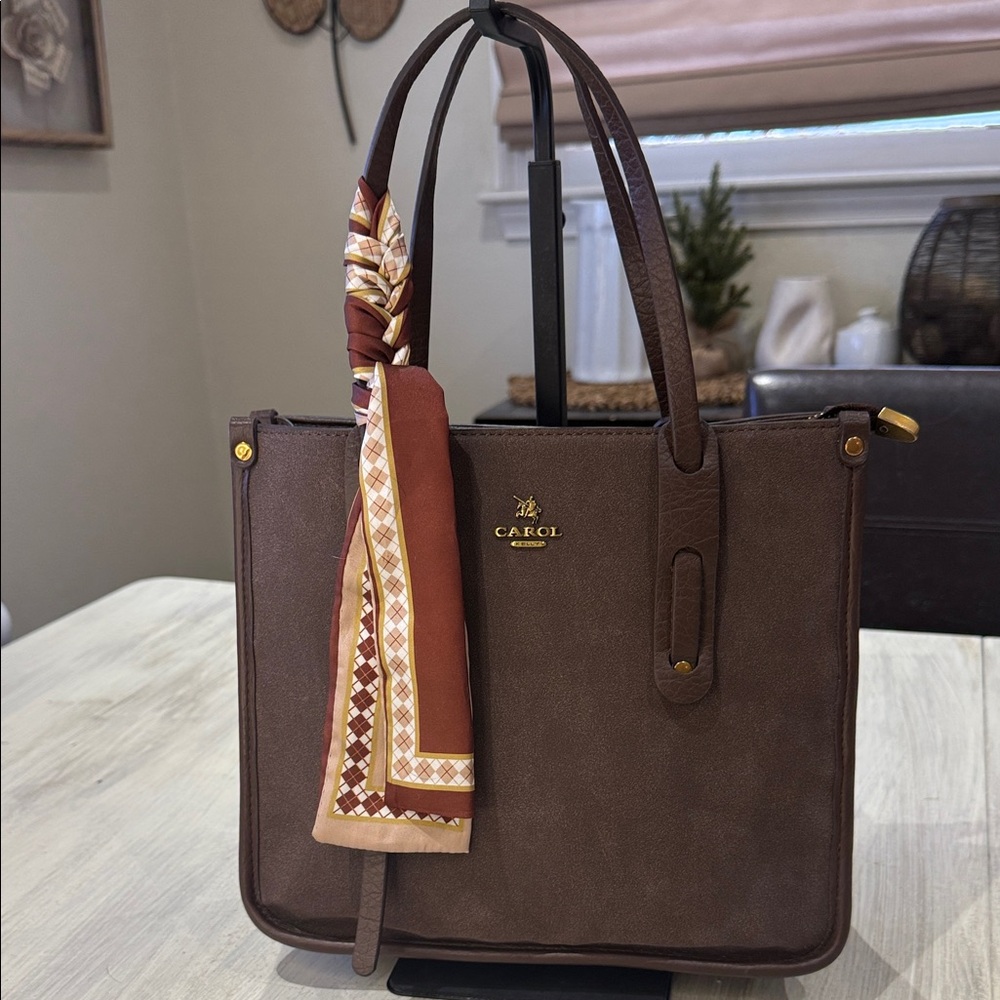 Carol and Kelly Brown Suede Tote with Stylish Scarf